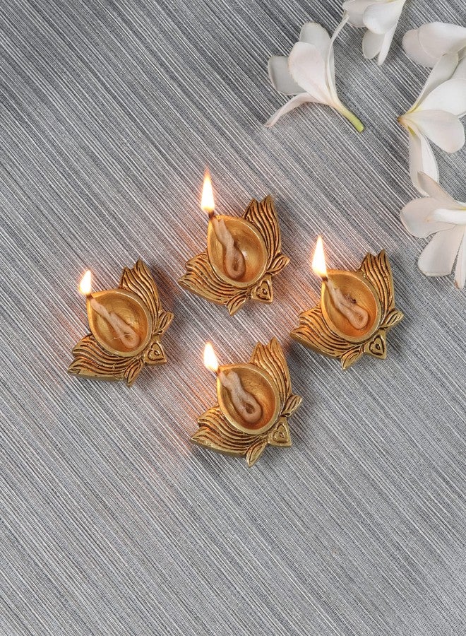 Two Moustaches Lotus Shaped Decor Diya 2.5 Inches Set of 4, Material - Brass, Home Decoration Item Gift, Lotus Brass Diyas Oil Lamp Pooja, Housewarming Gifts (Set of 4), Antique Yellow - Image 1